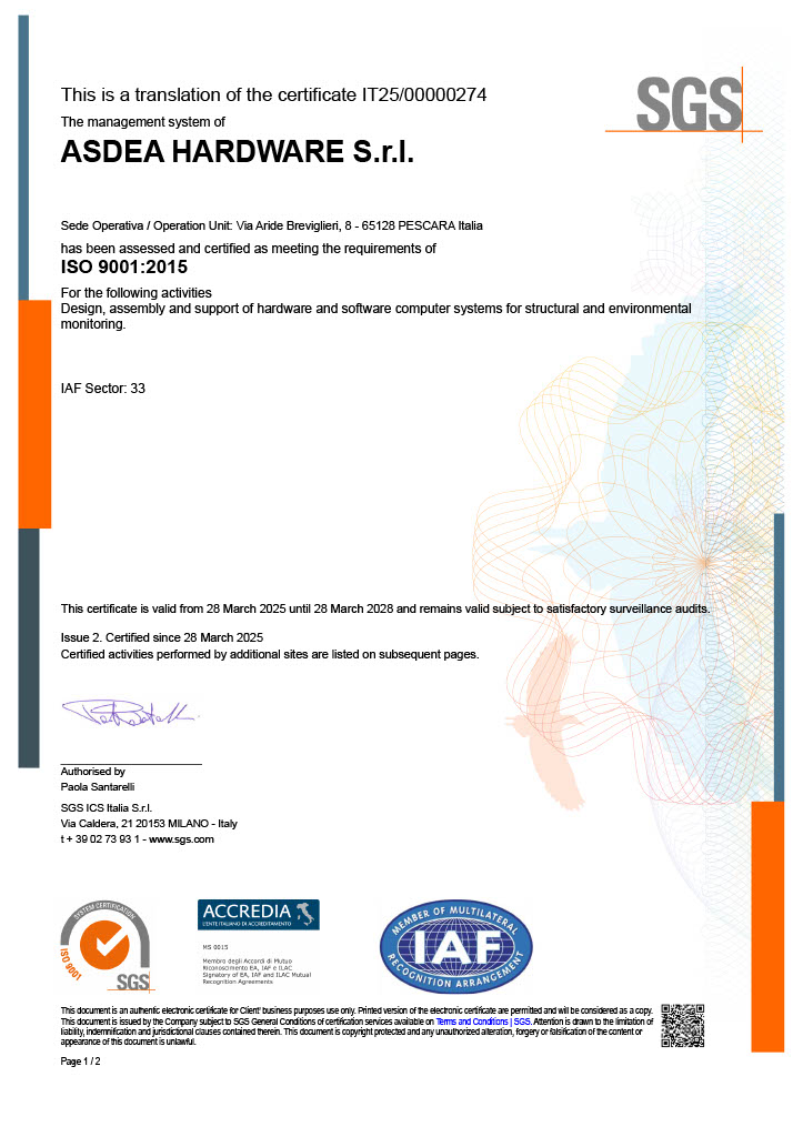 SGS ISO 9001:2015 certification for ASDEA HARDWARE S.r.l., valid until March 28, 2028.