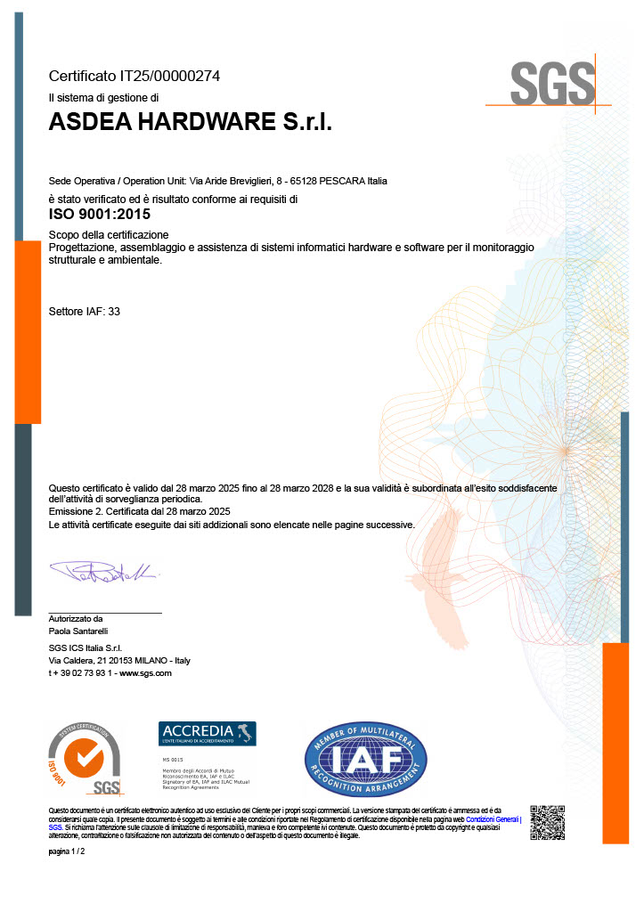 Certificato SGS ISO 9001:2015 per ASDEA HARDWARE S.r.l., valido fino al 28 marzo 2028.