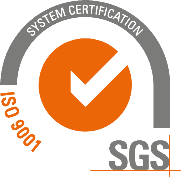 Circular SGS ISO 9001 System Certification logo with an orange checkmark.